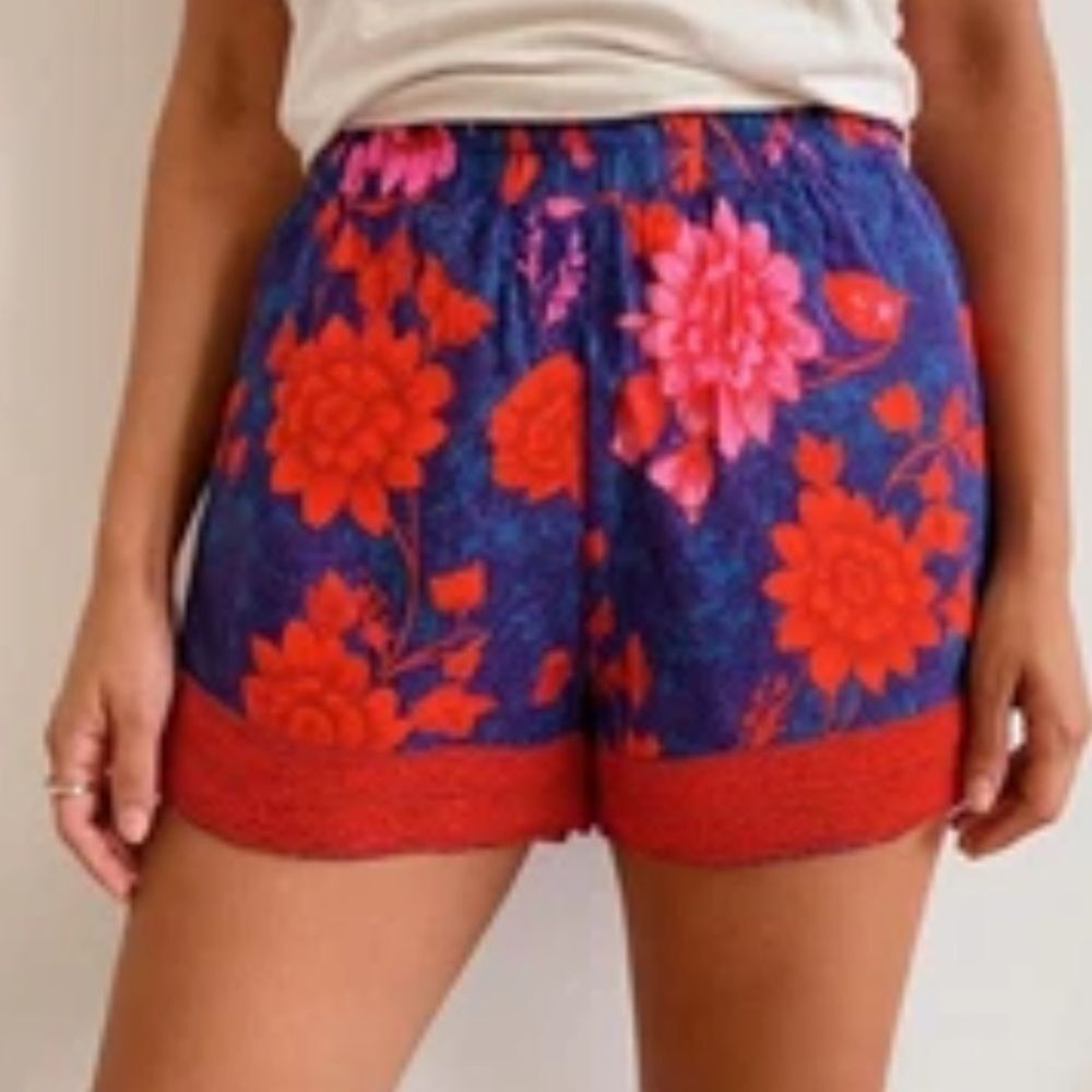 Anthropologie Red and Blue Floral High Waist Shorts small